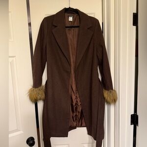 Venus Brown Faux Fur Cuff Belted Pea Coat Size M
